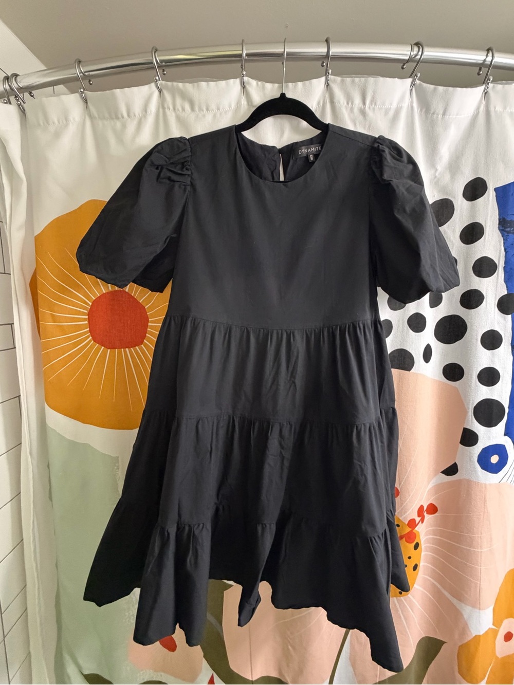 Dynamite Black Tiered Puff-Sleeve Dress